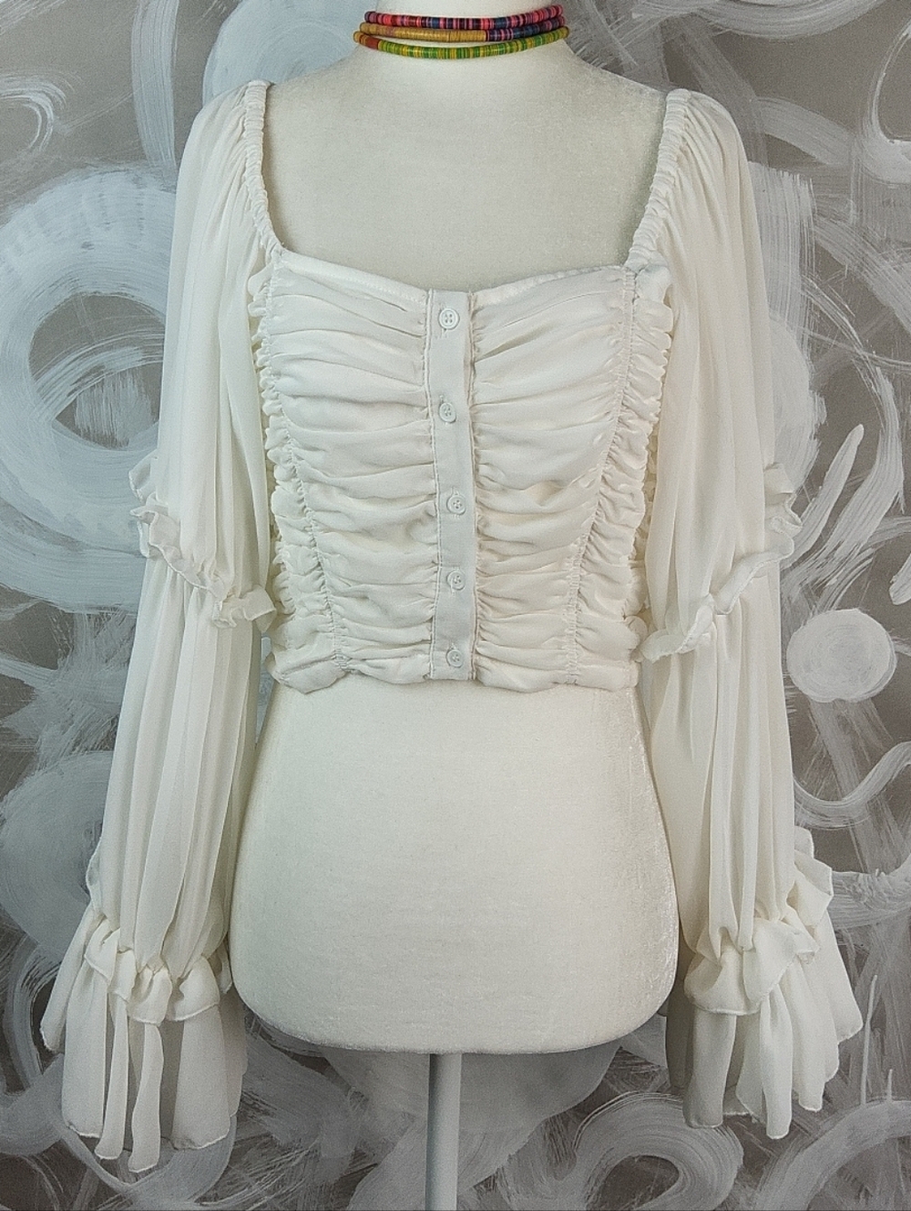 FANCO Wmns S Ruched White Pirate Renaissance Button Blouse Ruffle Slvs BohoCore